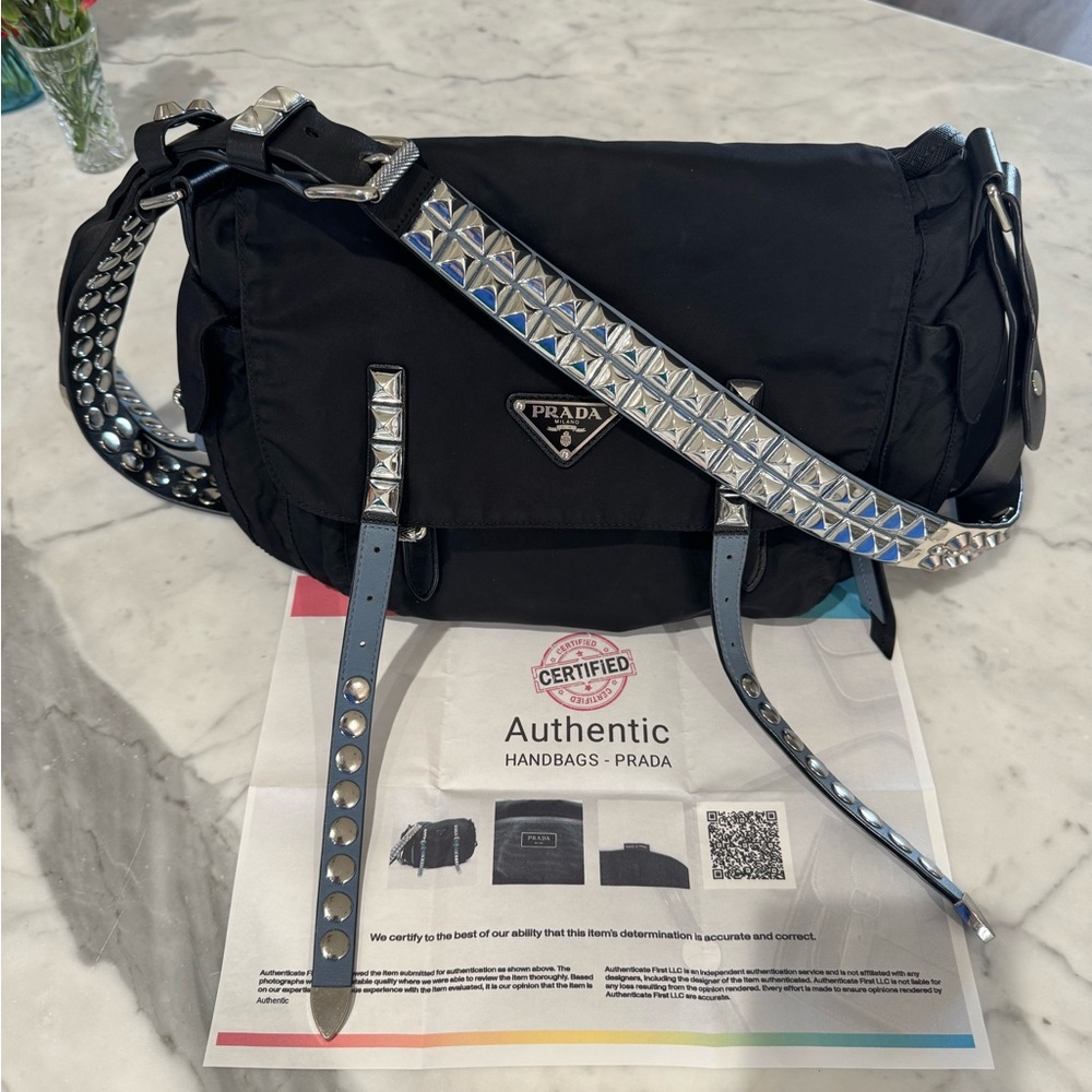 Authentic Prada Black New Vela Messenger Bag with Silver Studs